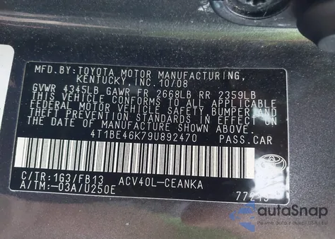 2009 Toyota Camry Le z USA, uszkodzony, nr VIN 4T1BE46K79U892470